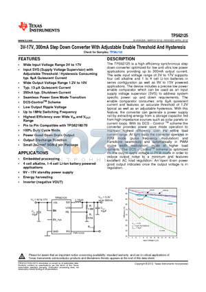 TPS62125 datasheet - 3V-17V, 300mA Step Down Converter With Adjustable Enable Threshold And Hysteresis
