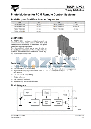 TSOP1138XG1 datasheet - Photo Modules for PCM Remote Control Systems