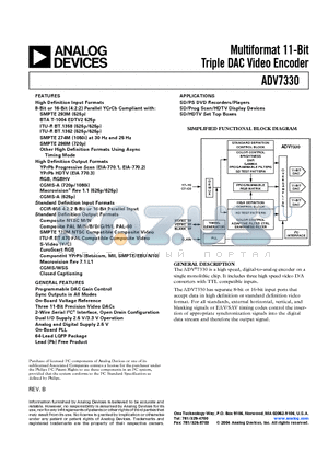 ADV7330 datasheet - Multiformat 11-Bit Triple DAC Video Encoder