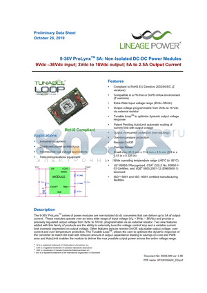 APXW005A0X3-SRZ datasheet - 9-36V ProLynxTM 5A: Non-Isolated DC-DC Power Modules 9Vdc 36Vdc input; 3Vdc to 18Vdc output; 5A to 2.5A Output Current