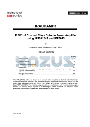 IRAUDAMP3 datasheet - 120W x 6 Channel Class D Audio Power Amplifier using IRS20124S and IRF6645