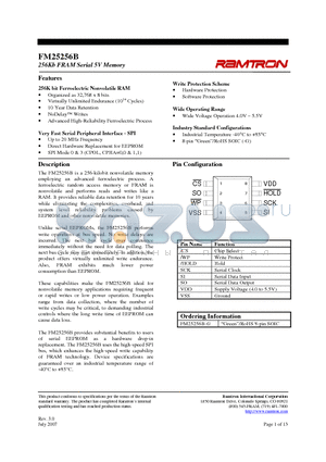 FM25256B datasheet - 256Kb FRAM Serial 5V Memory