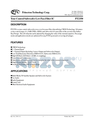PT2350-S datasheet - Tone Control Subwoofer Low Pass Filter IC