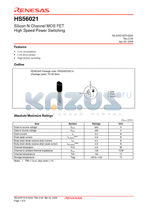 HS56021 datasheet - Silicon N Channel MOSFET High Speed Power Switching
