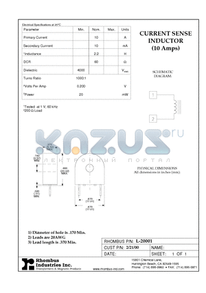 L-20001 datasheet - CURRENT SENSE INDUCTOR