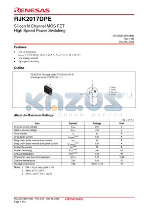 RJK2017DPE datasheet - Silicon N Channel MOS FET High Speed Power Switching