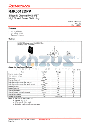 RJK5012DPP datasheet - Silicon N Channel MOS FET High Speed Power Switching