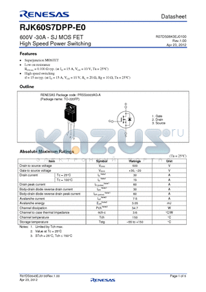 RJK60S7DPP-E0 datasheet - 600V -30A - SJ MOS FET High Speed Power Switching