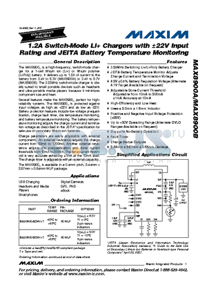 MAX8900B datasheet - 1.2A Switch-Mode Li Chargers with a22V Input Rating and JEITA Battery Temperature Monitoring