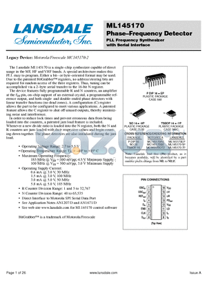 MC145170P2 datasheet - Phase-Frequency Detector PLL Frequency Synthesizer with Serial Interface