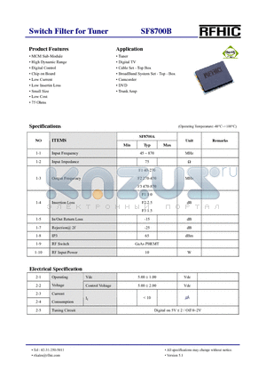 SF8700B datasheet - Switch Filter for Tuner