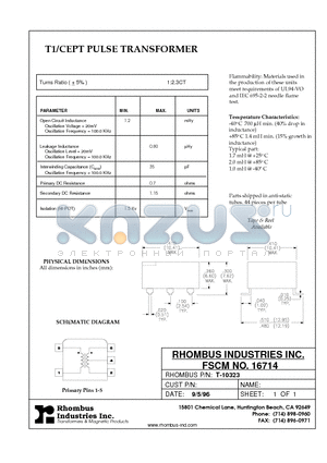 T-10323 datasheet - T1/CEPT PULSE TRANSFORMER