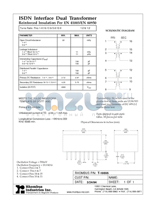 T-10555 datasheet - ISDN Interface Dual Transformer