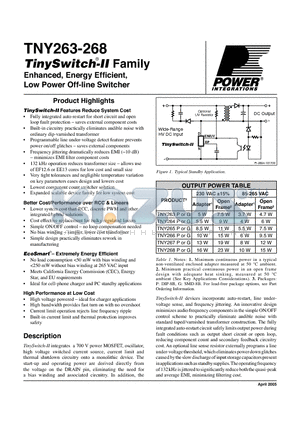 TNY263 datasheet - Enhanced, Energy Efficient, Low Power Off-line Switcher