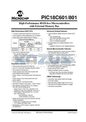 PIC18C601_13 datasheet - High-Performance ROM-less Microcontrollers with External Memory Bus