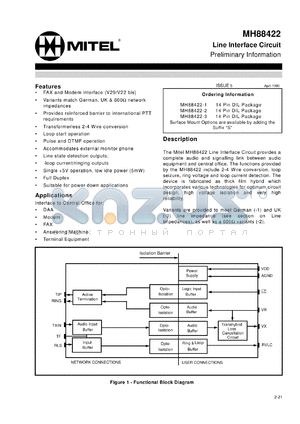 MH88422S-3 datasheet - Line interface circuit with UK line impedance. Applications: interface to central office for DAA, modem, fax, answering machine and terminal equipment.