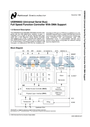 USBN9602-28MX datasheet - (Universal Serial Bus) Full Speed Function Controller with DMA Support [Not recommended for new designs]