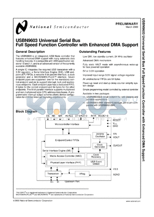 USBN9603-28MX datasheet - Universal Serial Bus Full Speed Function Controller with Enhanced DMA Support [Preliminary]