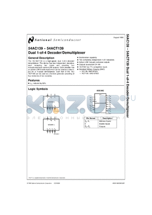 54ACT139MDA datasheet - Dual 1-of-4 Decoder