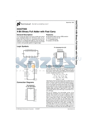 54ACT283LMQB datasheet - 4-Bit Binary Full Adder with Fast Carry