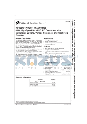 ADC08134CIWM datasheet - 8-Bit High Speed Serial I/O A/D Converter with Multiplexer Options, Voltage Reference and Track/Hold Function