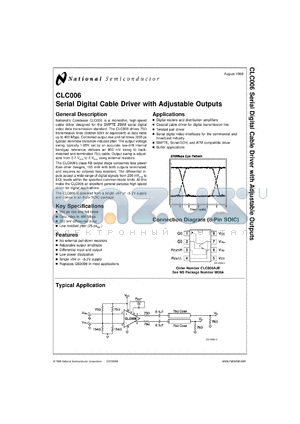 CLC006AJE datasheet - Serial Digital Cable Driver with Adjustable Outputs