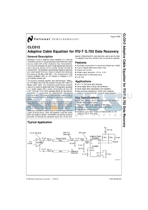 CLC012AJE-TR13 datasheet - Adaptive Cable Equalizer for ITU-T G.703 Data Recovery