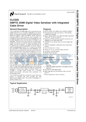 CLC020ACQ datasheet - SMPTE 259M Digital Video Serializer with Integrated Cable Driver