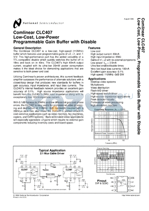 CLC407AMC datasheet - Low Cost, Low Power, 110 MHz Programmable Gain Buffer with Disable