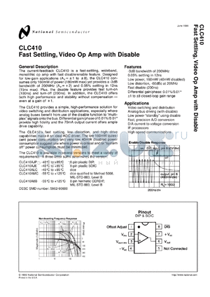 5962-9060001PA datasheet - Fast Settling Video Op Amp with Disable