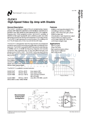 5962-9456601MPA datasheet - High-Speed Video Op Amp with Disable