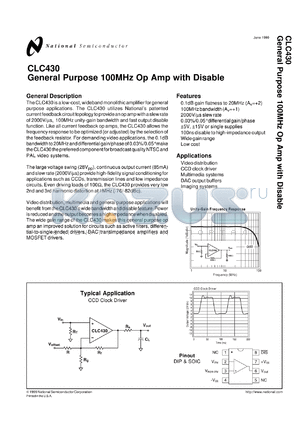 CLC430AJ datasheet - General Purpose 100 MHz Op Amp with Disable