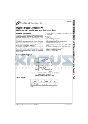 DS8921AMX datasheet - Differential Line Drivers and Receiver Pair