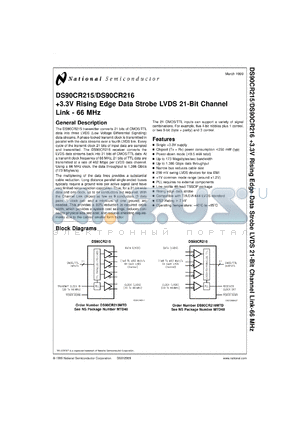 DS90CR215MTDX datasheet - +3.3V Rising Edge Data Strobe LVDS 21-Bit Channel Link - 66 MHz