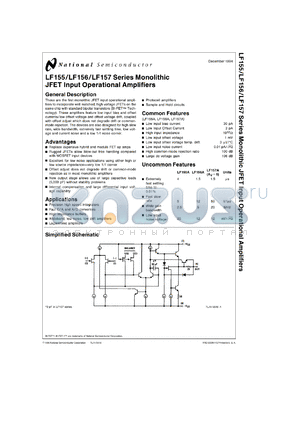 LF156AH/883 datasheet - LF155/LF156/LF157 Series Monolithic JFET Input Operational Amplifier