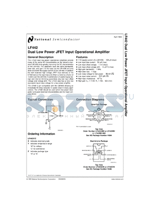 LF442ACN datasheet - Dual Low Power JFET Input Operational Amplifier