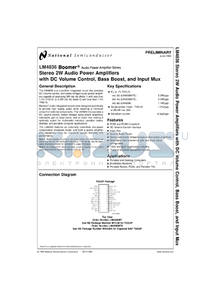 LM4836MTX datasheet - Stereo 2W Audio Power Amplifiers with DC Volume Control and Selectable Gain