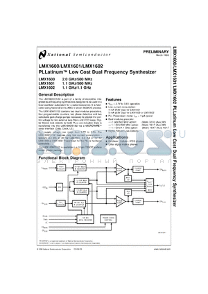 LMX1601TMX datasheet - 1.1 GHz/500 MHz PLLatinum Low Cost Dual Frequency Synthesizer