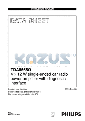 TDA8565Q/N1/S10 datasheet - 4 x 12 W single-ended car radio power amplifier with diagnostic interface