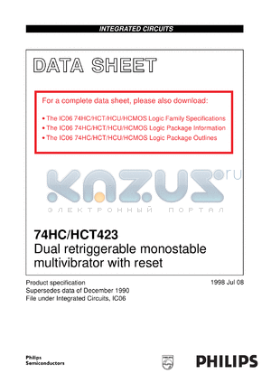 74HC423U datasheet - Dual retriggerable monostable multivibrator with reset