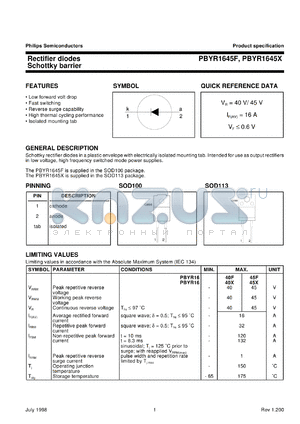 PBYR1635X datasheet - Rectifier diodes Schottky barrier