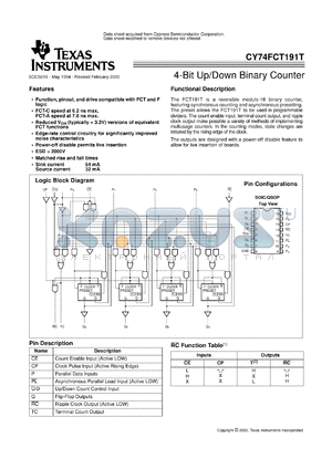 CY74FCT191CTQC datasheet - PRESETTABLE SYNCHRONOUS 4-BIT UP/DOWN BINARY COUNTERS