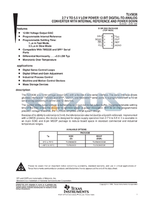 TLV5636CDR datasheet - 12-BIT, 1 US DAC SERIAL OUT, PGRMABLE INT. REF., SETTLING TIME