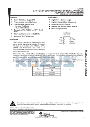 TLV5625ID datasheet - 8-BIT, 2.5 OR 12 US DUAL DAC, SERIAL OUT, PGRMABLE SETTLING TIME