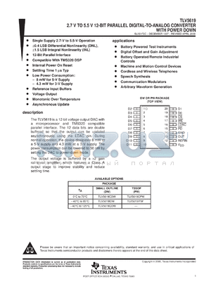 TLV5619CDWR datasheet - 12-BIT, 1 US DAC, PARALLEL OUT, LOW POWER, ASYNCHRONOUS UPDATE, 12 CH.