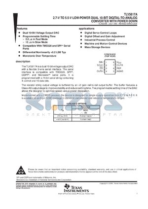 TLV5617AIDR datasheet - 10-BIT, 2.5 US DUAL DAC, SERIAL OUT, PGRMABLE SETTLING TIME