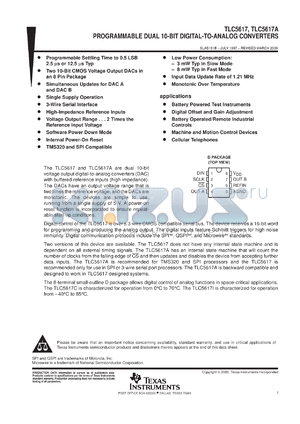 TLC5617AIDR datasheet - 10-BIT, 2.5 US DUAL DAC, SERIAL OUT, PGRMABLE SETTLING TIME, SIMULTANEOUS UPDATE, LOW POWER