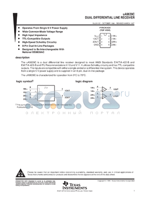 UA9639CD datasheet - DUAL DIFFERENTIAL LINE RECEIVER