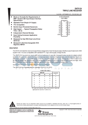 SN75124NS datasheet - TRIPLE LINE RECEIVER