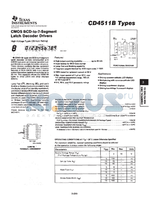 CD4511BF3A datasheet - CMOS BCD-TO-7-SEGMENT LED LATCH DECODER DRIVERS